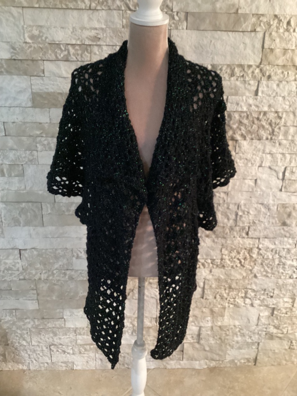 NWT Rebelcat Creations Handmade One Size Black & Green Metallic Crochet Cardigan